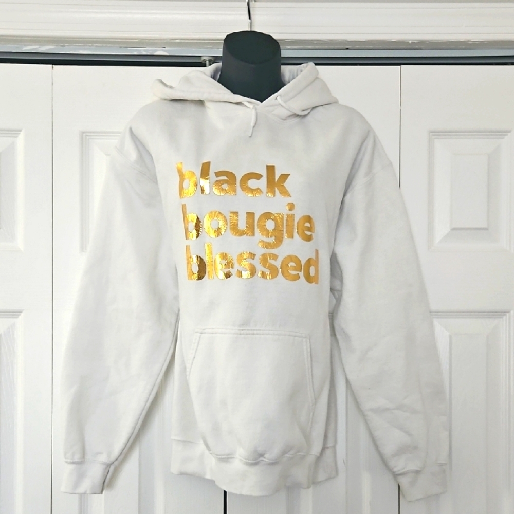 Black bougie blessed White Hoodie with Gold Text